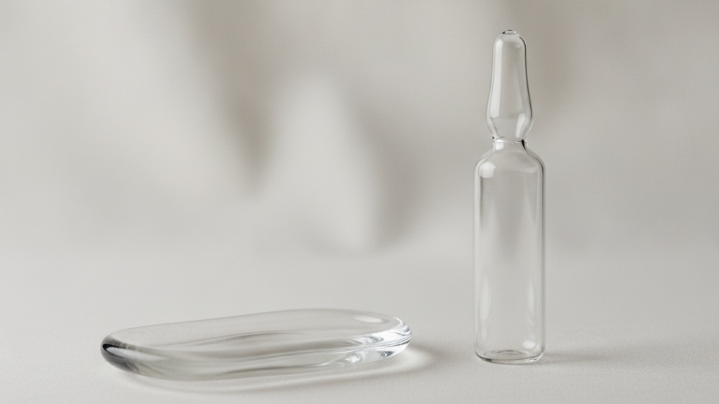 An empty tablet-shaped glass dish beside an empty vial-shaped glass dish, symbolising oral versus injectable semaglutide