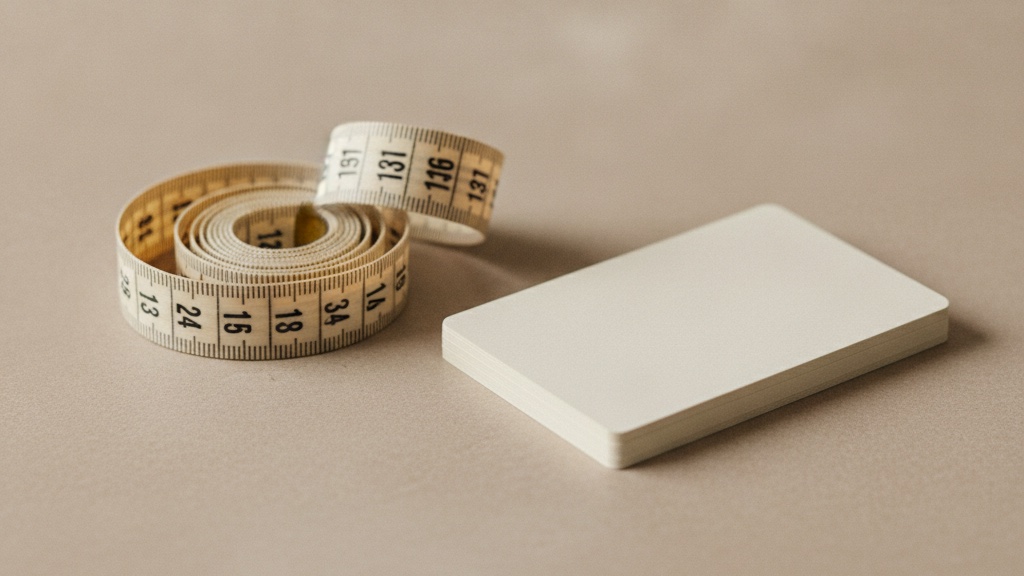 A tailor's measuring tape coiled beside blank index cards, symbolising tracking results over time